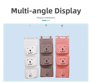 Three-pocket wall hanging fabric organizers with cute minimalist animal face prints