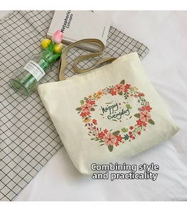 Detail of floral canvas tote bag with happy everyday text on a plaid background