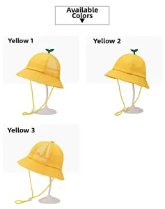Détails de chapeaux bob jaunes en coton pour enfants avec décor feuille et cordon