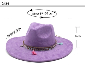 Detailed size chart of dark purple suede fedora with brim width and crown height info