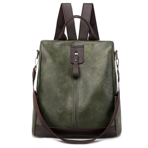 Vintage green PU leather backpack for women with dark brown straps and large capacity