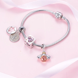 S925 sterling silver charm bracelet with maple leaf tree pendant on pink ribbon