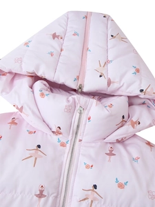 Detail of pink hooded jacket with ballet dancer print and smooth metal zipper closure
