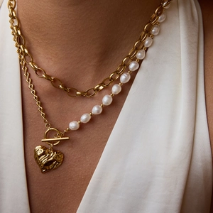 Layered 18K gold stainless steel heart pendant necklace with natural freshwater pearls