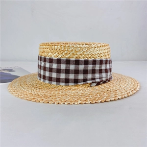 Chapeau de paille canotier à dessus plat avec ruban vichy pour protection solaire d'été