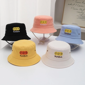 Kids smile embroidery bucket hats set in five colors with adjustable windproof strings