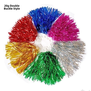 Detail view of 20g shiny cheerleading pom poms with double plastic finger ring handles