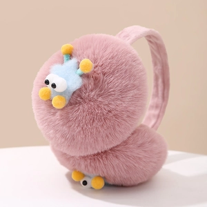 Detail of pink plush earmuffs with blue star character and soft faux fur texture