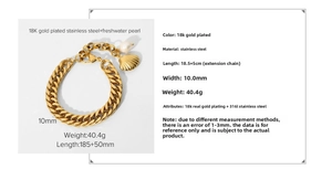 Detail showing 18K gold plated stainless steel Cuban chain with shell and pearl charms