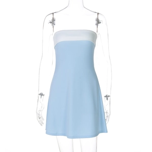 Ghost mannequin view of light blue and white color-block strapless bodycon mini dress