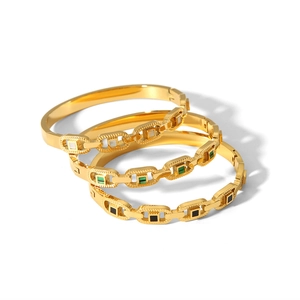 Three-piece set of 18k gold-plated square stone bracelets in black, white, and green