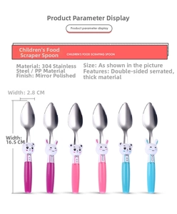Detailed specs of 304 stainless steel baby spoon with serrated edges and bear handle