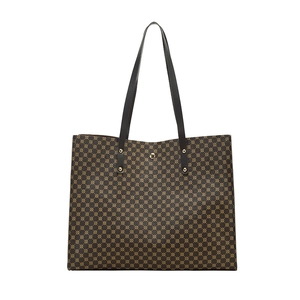 Classic brown vintage tote bag with retro monogram pattern and black top handles