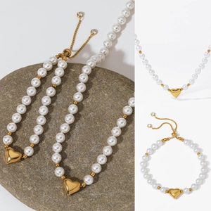 Heart Pendant Necklace And Bracelet Jewelry Stainless Steel Artificial Pearl Adjustable Minimalist Elegant Gift For Women Fashion