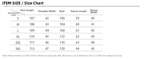 Detailed size guide table for long faux fur coat including bust and sleeve measurements