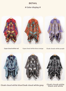 Detailed close-up of geometric totem hooded cloaks with tassels in six distinct colors