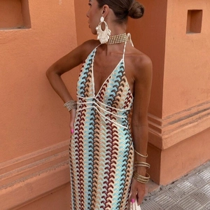 Robe Maxi En Tricot Licou Rayures Zigzag Colorées Col En V Profond Dos Nu Bodycon Boho Plage Vacances Été Jupe Longue Pour Femmes