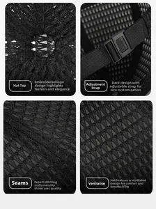 Detail view of mesh docker hat showing breathable holes and adjustable back buckle