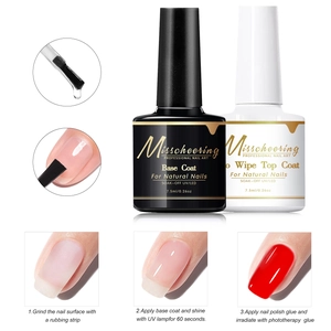 Detail of 7.5ml soak-off UV/LED base coat and no-wipe top coat with step-by-step instructions