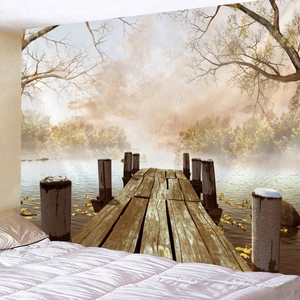 Large autumn forest tapestry with wooden pier over lake for wall decor and dorm aesthetic