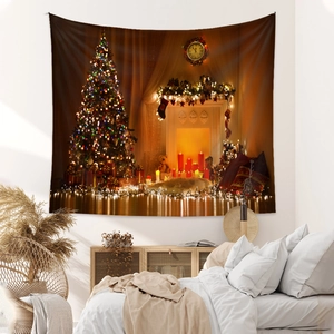 Detail of Christmas tapestry featuring a festive fireplace and lighted tree in bedroom