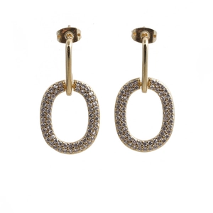 Gold-plated oval earrings with clear zirconia stones on a clean white background