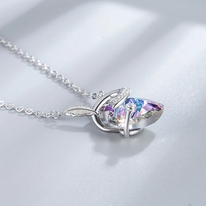 S925 silver necklace with purple gradient crystal heart and silver leaf pendant