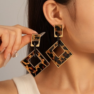 Vintage Leopard Print Geometric Square Drop Earrings Acrylic Alloy And 925 Sterling Silver Earring Post For Women
