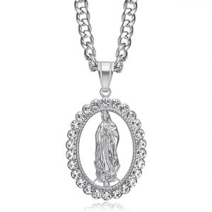 Collana con ciondolo Vergine Maria argento con strass lucidi e catena a maglia cubana
