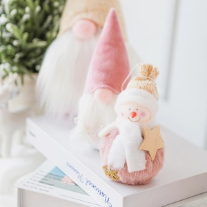 Pink velvet Christmas snowman and gnome dolls with plush textures for home decoration
