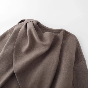 French style dark brown knitted short coat with elegant knot design and scarf detail
