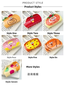 Detailed view of various acrylic food-shaped hair claws featuring funny 3D eyes