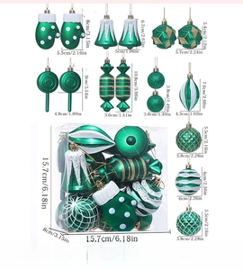 Detailed view of green and white Christmas ornaments set with size dimensions and packaging