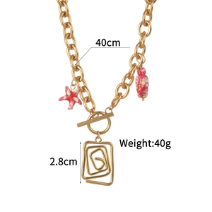 Gold stainless steel starfish necklace with geometric pendant and shell details on white background