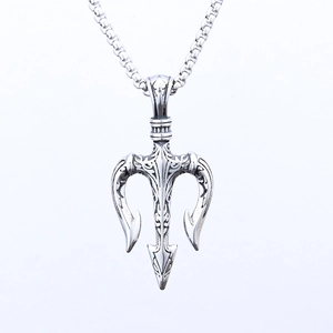 Vintage silver Viking trident stainless steel pendant necklace with intricate carvings