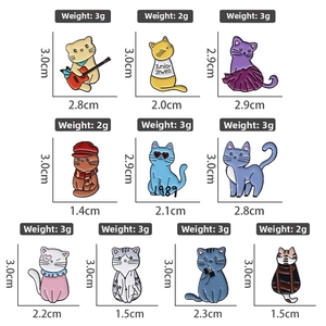 Set of 10 assorted cute cartoon enamel cat brooches with dimensions and weight display