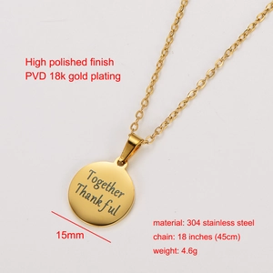 Polished 18k gold plated 304 stainless steel necklace with engraved thankful pendant
