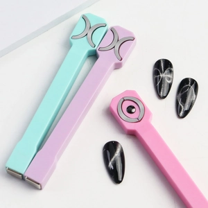 Three magnetic nail tools for cat-eye effects with samples showing diverse linear patterns