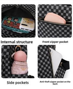 Detail view of large capacity backpack showing main compartment and anti-theft back pocket