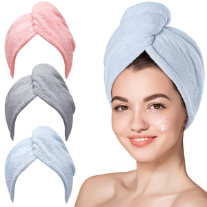 Absorbent microfiber coral fleece hair towel wrap set in pink, grey and light blue colors