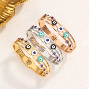 Stainless Steel Evil Eye Bangle For Women Gold Rose Gold Silver Plated Enamel Rhinestone Open Cuff Bracelet Vintage Jewelry