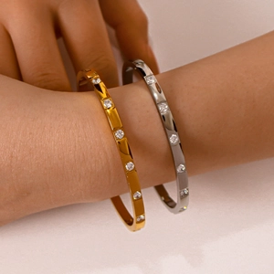 Minimalist 18K gold and silver stainless steel bangles with round zircon inlay for women