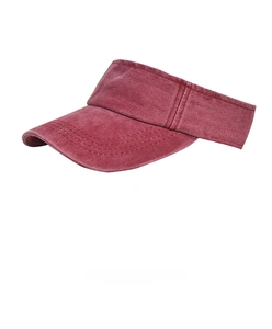 Detail of washed denim sun visor hat in wine red with reinforced stitched brim
