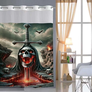 Detail of waterproof shower curtain featuring a gothic skull and sword fantasy artwork