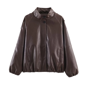 Women PU Faux Leather Jacket Stand Collar Long Sleeve Oversized Loose Casual Brown Coat
