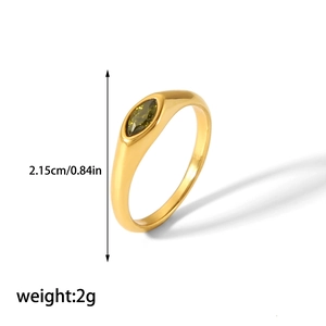 Detailed size view of 18K gold plated stainless steel ring with marquise green gem