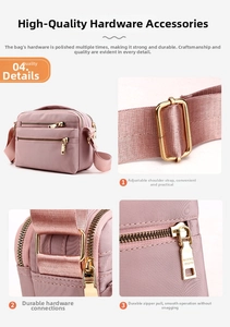 Detailed view of pink water-resistant crossbody bag featuring gold hardware and smooth zippers