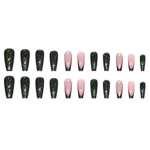 Emerald glitter and pink French tip long ballet press-on nails set with 24 pieces