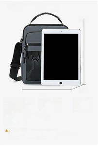 Size chart for oxford fabric crossbody bag showing dimensions 20cm x 27cm x 7cm with tablet