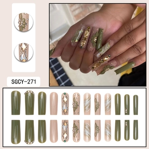 Green floral press-on nails with rhinestones and olive green long ballerina design